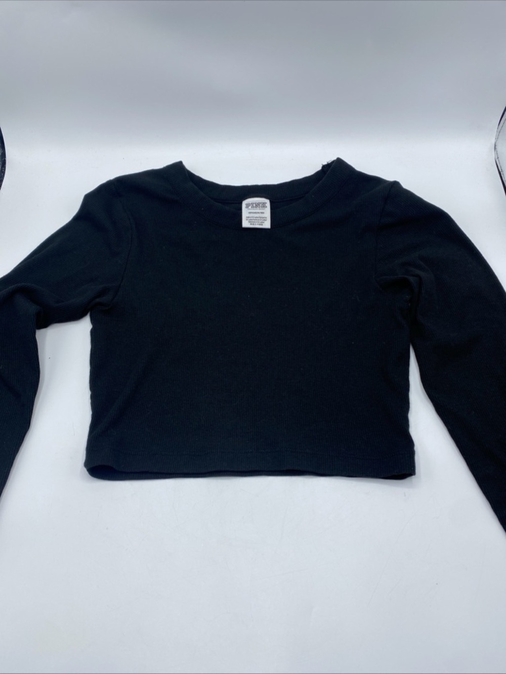 Victoria’s Secret PINK CROPPED LONG-SLEEVE RAGLAN TEE Ribbed Top Small Black